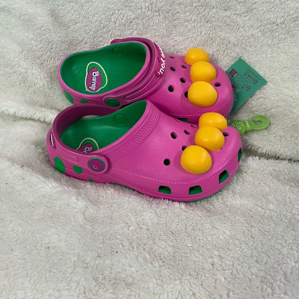 Crocs Kids Barney Clogs, Pink and Green
